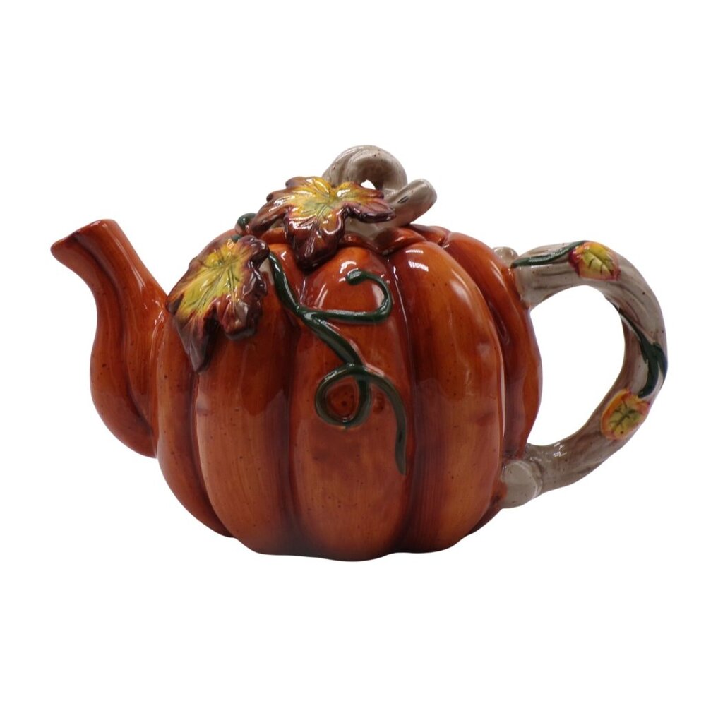 Vintage TII Collections Handcrafted Ceramic Rustic Leaf & Pumpkin Teapot 7"